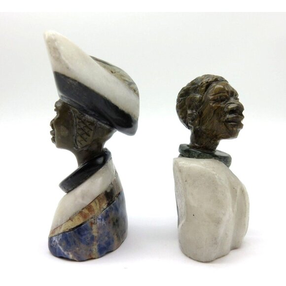 Small Stone Bust Set Colourful Hand Carved in Zimbabwe Africa 3.1" and 2.7" Tall - Picture 8 of 8